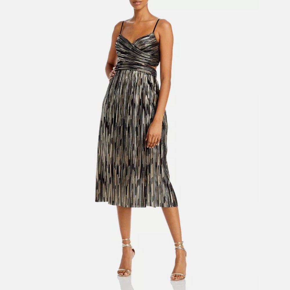 Aidan Mattox Metallic Striped V-Neck A-Line Midi Dress Party Cocktail Dress